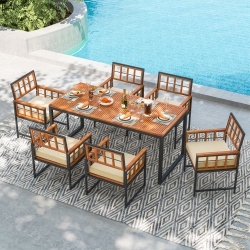 COSTWAY 7 PCs Patio Dining Set Outdoor Acacia Wood Table With Soft Cushions Umbrella Hole