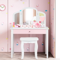 COSTWAY Kids Vanity Set Princess Makeup Dressing Play Table Set W/mirror