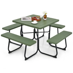 COSTWAY Outdoor 8-Person Square Picnic Table Bench Set With 4 Benches & Umbrella Hole