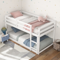 COSTWAY Twin Over Twin Low Bunk Bed With Guardrails Integrated Ladder Kids Wooden