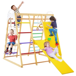 COSTWAY 8-In-1 Jungle Gym Playset, Wooden Climber Play Set With Monkey Bars