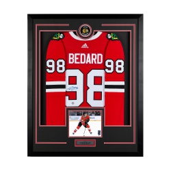 AJ SPORTS Connor Bedard Signed Chicago Hockey Puck Logo 36X44 Jersey Frame