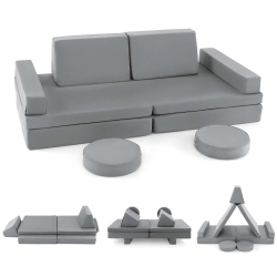 COSTWAY 10 PCs Kids Play Sofa Set Modular Convertible Foam Folding Couch Toddler Playset Blue/grey/green