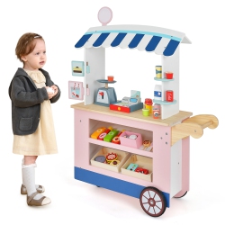 COSTWAY Kids Snacks & Sweets Food Cart Kids Toy Cart Play Set With 30 PCs Accessories Pink/green/gray