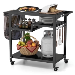 COSTWAY Rolling Grill Cart 3-Shelf Bbq Table Pizza Oven Stand With Trash Bag Holder & Hooks