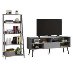 MADESA 2-Piece Tv Stand And Ladder Shelf Set: 59" Entertainment Center \w Cable Management + 24" 5-Tier Ladder Shelf for Storage, Office, Living
