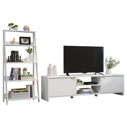 MADESA 2-Piece Tv Stand And Ladder Shelf Set: 70" Entertainment Center \w Cable Management + 24" 5-Tier Ladder Shelf for Storage, Office, Living