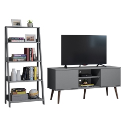 MADESA 2-Piece Tv Stand And Ladder Shelf Set: 53" Tv Stand \w Cable Management And Open Shelves + 24" 5-Tier Ladder Shelf for Storage, Office
