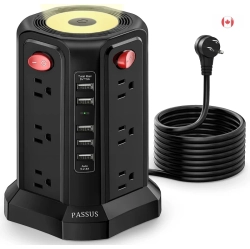 PASSUS Tower Power Bar Surge Protector | 10Ft Extension Cord, 5 USB Ports, 12 Ac Outlets, Night Light