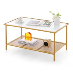 COSTWAY 2-Tier Coffee Table With Shelf With Tempered Glass Top & Metal Frame Living Room