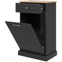 HOMCOM Tilt Out Trash Cabinet, Hidden Garbage Bin Cabinet With Drawer And Solid Wood Countertop, Free Standing Kitchen Trash Can Holder In Black