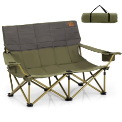 GYMAX Oversized Camping Chair Folding Loveseat Camping Couch W/ Cup Holders & Padding In Green
