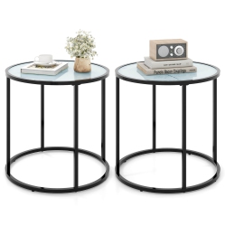 GYMAX 2PCs Glass End Table 20" Round Side Table W/ Metal Frame & Faux Marble Glass Top