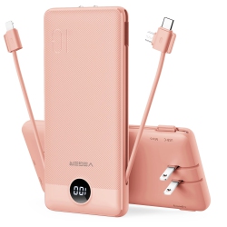 HLD Portable Charger for Iphone Built In Cables Fast Charging USB C Slim 10000 Power Bank, Wall Plug USB Battery Pack for Iphones, Ipad, Samsung More