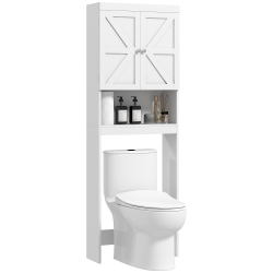 HOMCOM Over The Toilet Storage Cabinet, Bathroom Cabinet Over Toilet With Barn-Style Doors, Open Shelf And Adjustable Back Crossbar In White