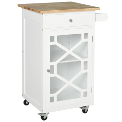 HOMCOM Rolling Kitchen Island With Storage, Kitchen Cart On Wheels With Drawer, Glass Door, Towel Rack And Adjustable Shelf In White