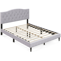 COSTWAY Queen Size Upholstered Platform Bed Linen Bed Frame With Button Tufted Headboard
