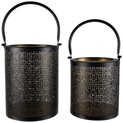 NORTHLIGHT Laser-Cut Design Iron Candle Holders With Handles - 9.5" - - Set Of 2 In Black