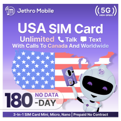JETHRO MOBILE Prepaid Usa Travel Sim Card, Unlimited Talk And Text In The Us And to Canada, No Contract, 6 Months
