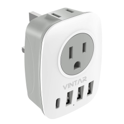 HLD Uk Ireland Travel Plug Adapter, Vintar Canada to Uk Plug Adapter \w 1 USB C, 2 American Outlets And 3 USB Ports, 6 In 1 International Power