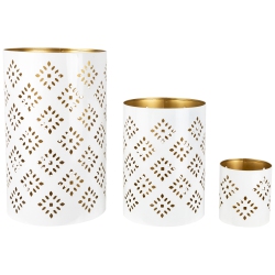 NORTHLIGHT Laser-Cut Diamond Pattern Iron Candle Holders - 10" - And Gold Finish - Set Of 3 In White