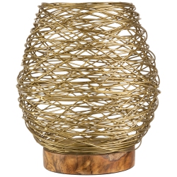 NORTHLIGHT Medium Woven Iron Votive Candle Holder With Wooden Base - 8.5" - Brass Finish