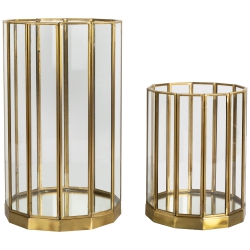 NORTHLIGHT Glass Hurricane Mirrored Pillar Candle Holders - 11.75" - Brass Finish - Set Of 2