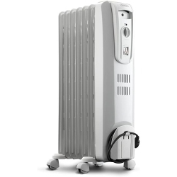 DE'LONGHI 1500W Oil-Filled Radiator Space Heater Adjustable Thermostat 3 Heat Settings Energy Saving Safety Features - Light In Gray
