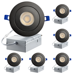 STRAK Led 3-Inch Black Gimbal Recessed Slim Led Pot Lights \w Junction Box, 5000K Daylight Dimmable 7W 60W Equivalent, Ic Rated 560Lm, Damp Rated