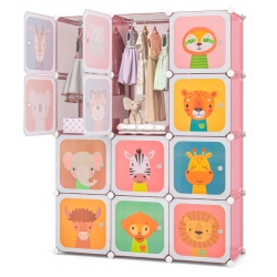 COSTWAY 12-Cube Kids Wardrobe Baby Dresser Bedroom Armoire Clothes Hanging Closet With Door