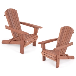 GYMAX Folding Adirondack Chair Set Of 2 W/ High Backrest & Wide Armrests Wooden