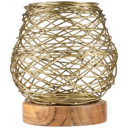 NORTHLIGHT Small Woven Iron Votive Candle Holder With Wooden Base - 6.25" - Brass Finish