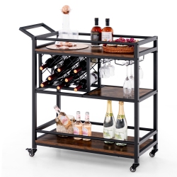 COSTWAY 3-Tier Bar Cart On Wheels Home Kitchen Serving Cart With Wine Rack & Glass Holder