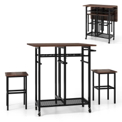 COSTWAY 3 PCs Rolling Dining Table Set Extendable Kitchen Table 2 Stools With Wine Rack