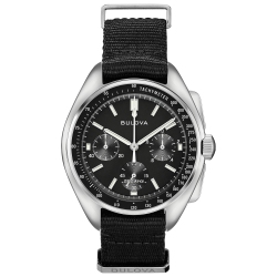 BULOVA Mens Lunar Pilot Special Edition HPq Watch 45MM Silver-Tone Stainless Steel Case Nylon Strap With Dial (96A225) In Black