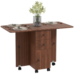 HOMCOM Foldable Dining Table, Rolling Kitchen Table With Storage Drawers And Cabinet, Drop Leaf Table On Wheels In Brown