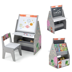 COSTWAY Kids Table & Chair Set With Rotatable Double-Sided Magnetic Blackboard & Whiteboard