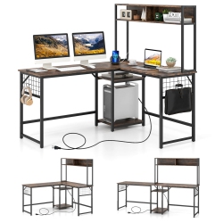 COSTWAY L-Shaped Desk With Power Outlet Large Corner Desk Converts to 2-Person Long Desk