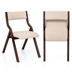 COSTWAY Folding Dining Chair Set Of 2 Wooden Upholstered Modern Linen Fabric Padded Seat