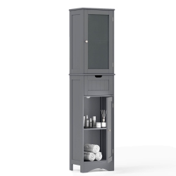 COSTWAY Bathroom Tall Cabinet Freestanding Linen Tower With Doors & Drawer