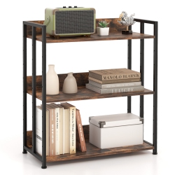 COSTWAY 3-Tier Industrial Metal Frame Corner Bookcase With Adjustable Shelves Rustic In Brown