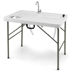 COSTWAY Folding Fish Cleaning Table With 2 Built-In Sinks & 360°Rotatable Faucet