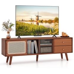 COSTWAY Bamboo Tv Stand Console Table With Pe Rattan Door & 2 Drawers for Tv Up to 65