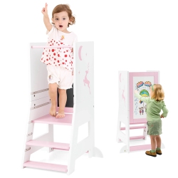 COSTWAY Toddler Kitchen Stool Helper Baby Standing Tower With Chalkboard & Whiteboard