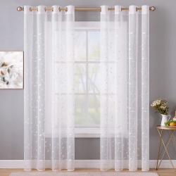 CANADIAN LINEN Voile Sheer Curtains, W 52" X L 84", 2 Panels Light Filtering Machine Washable Sheer Window Drapes Ring Curtains Leaves Design