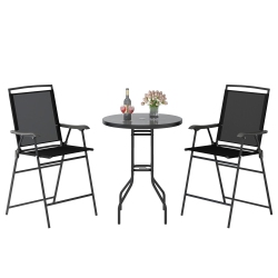 GYMAX 3 PCs Outdoor Bar Stool Set W/ Dpc Tabletop Umbrella Hole & Footrest 2 Chairs