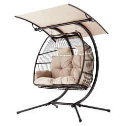 EROMMY 44" X 67" Outdoor Swing Loveseat With Stand, Foldable Hanging Chair, Hammock Cushion, And Awning, Double Egg Chair - In Beige