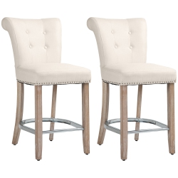 HOMCOM Counter Height Bar Stools Set Of 2, Upholstered Bar Chairs \w Button Tufted Back, Wood Legs, Footrest, Modern Nailhead Trim Barstools For