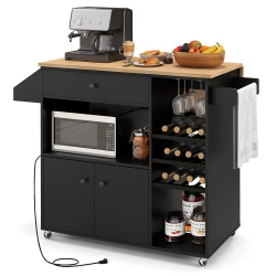 GYMAX Kitchen Island Cart W/ Drop-Leaf & Power Outlet Microwave Shelf Wine Rack Drawer