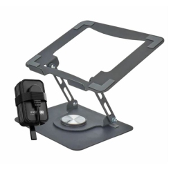 UNCAGED ERGONOMICS Rise Swivel Adjustable Laptop Desk Stand 2.0 (Black) And Travel Charger Power Strip W/3 Ac, 2 USB Ports, 1 Fast Charging USB-C